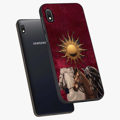 Solar Riders Glass Case displayed in angled mockup highlighting powerful rider illustration with radiant solar aesthetic.