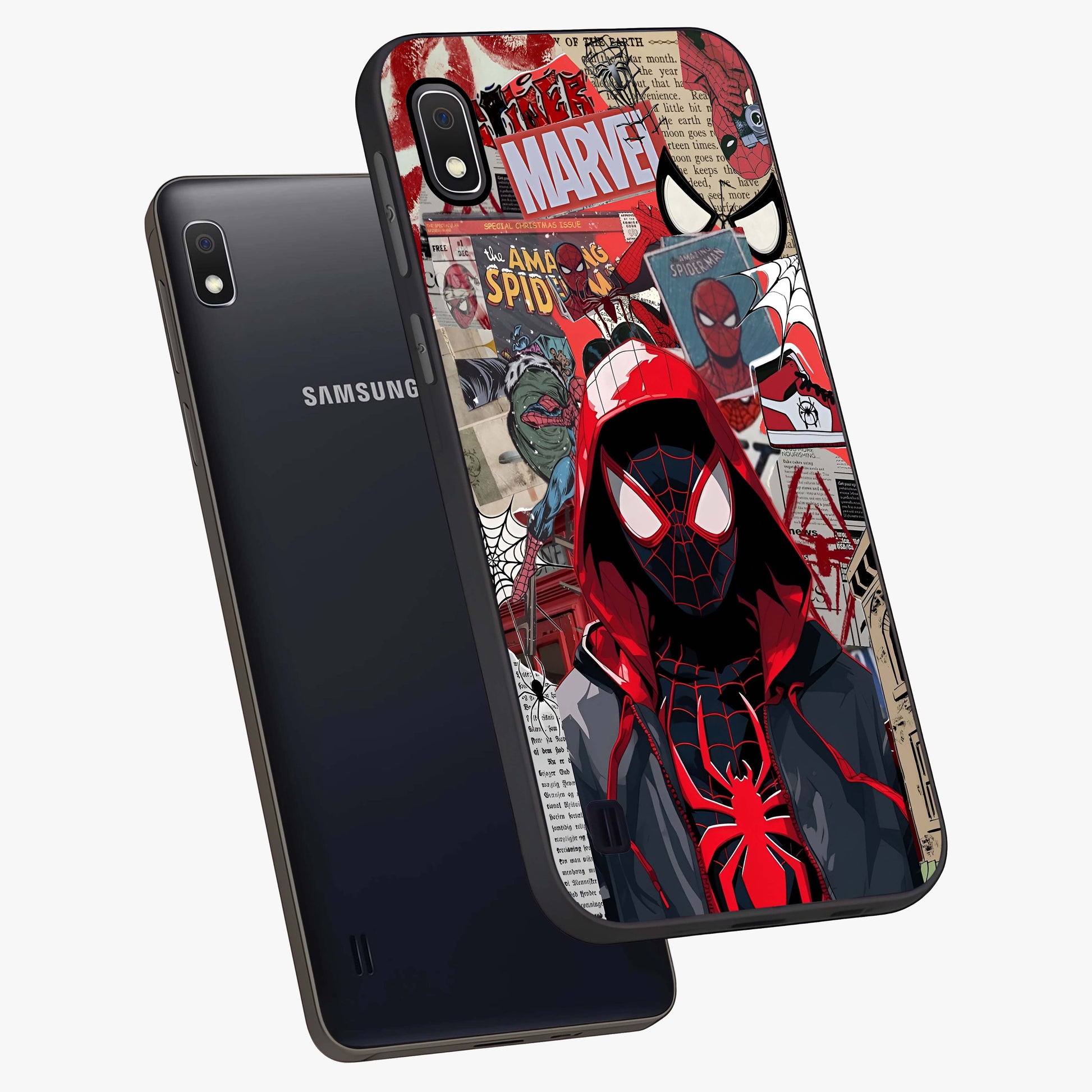Spider Collage Street Glass Case displayed in angled mockup highlighting dynamic street style collage design with comic aesthetic.