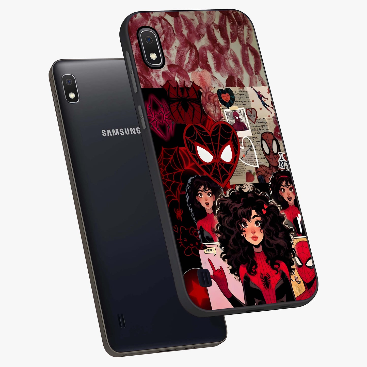 Spider Love Story Glass Case displayed in angled mockup highlighting expressive comic inspired design with playful aesthetic.