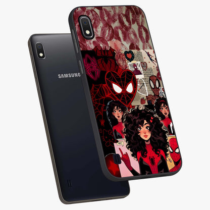 Spider Love Story Glass Case displayed in angled mockup highlighting expressive comic inspired design with playful aesthetic.