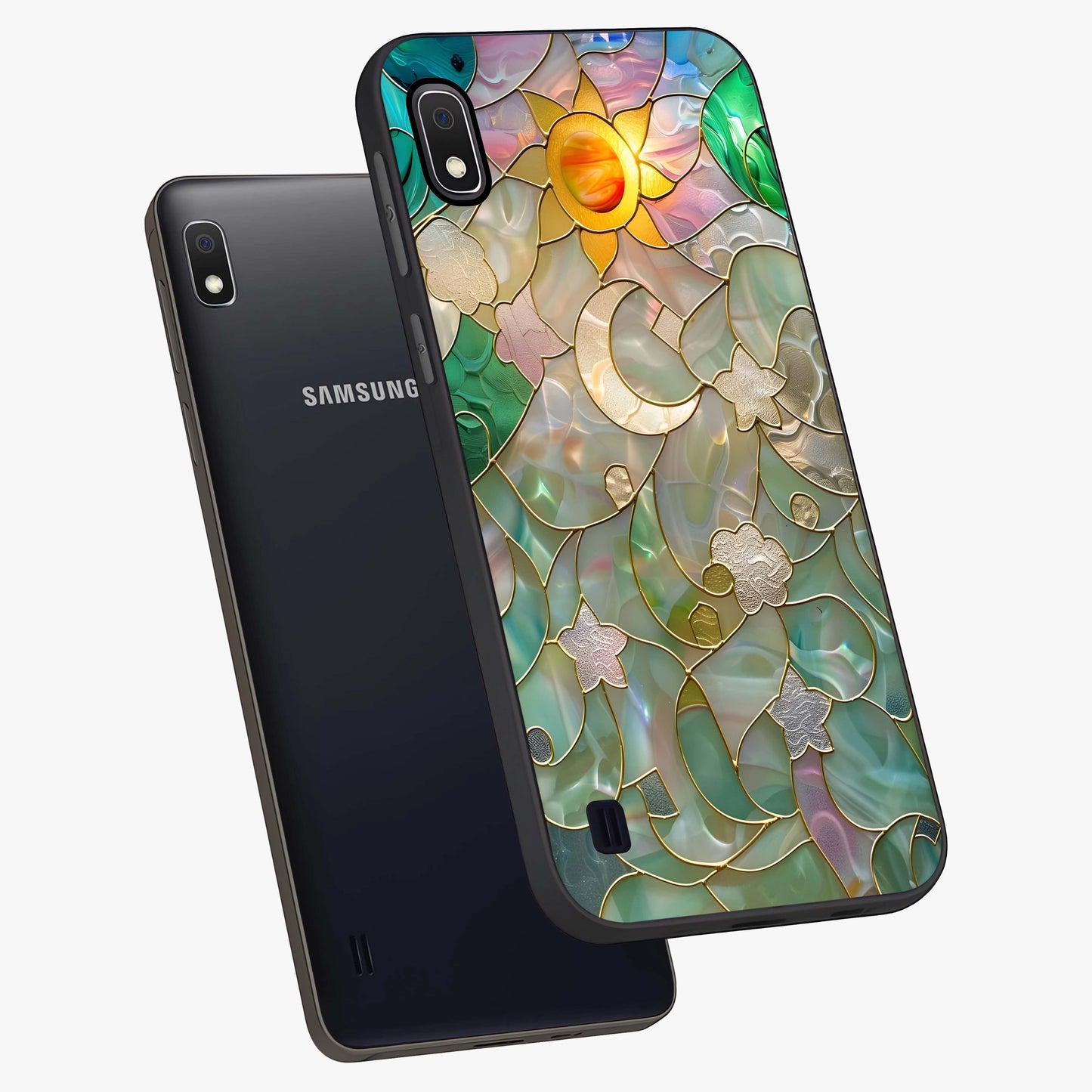 Stained Sunrise Glow Glass Case displayed in angled mockup highlighting radiant sunrise design with artistic aesthetic style.
