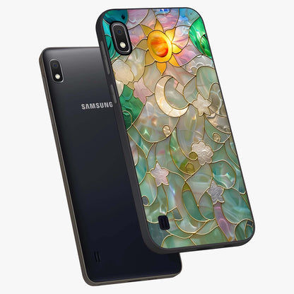 Stained Sunrise Glow Glass Case displayed in angled mockup highlighting radiant sunrise design with artistic aesthetic style.