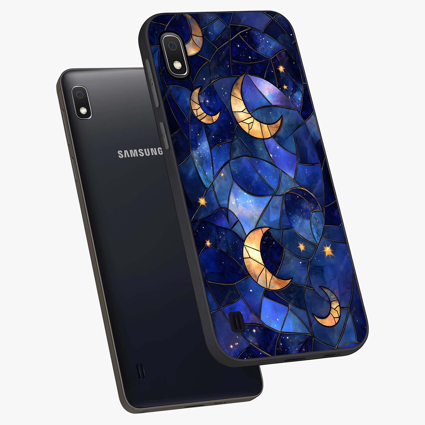Starlit Sky Tapestry Glass Case displayed in angled mockup highlighting celestial night pattern with artistic aesthetic style.