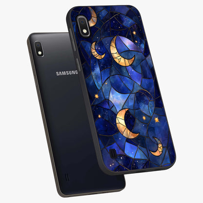 Starlit Sky Tapestry Glass Case displayed in angled mockup highlighting celestial night pattern with artistic aesthetic style.