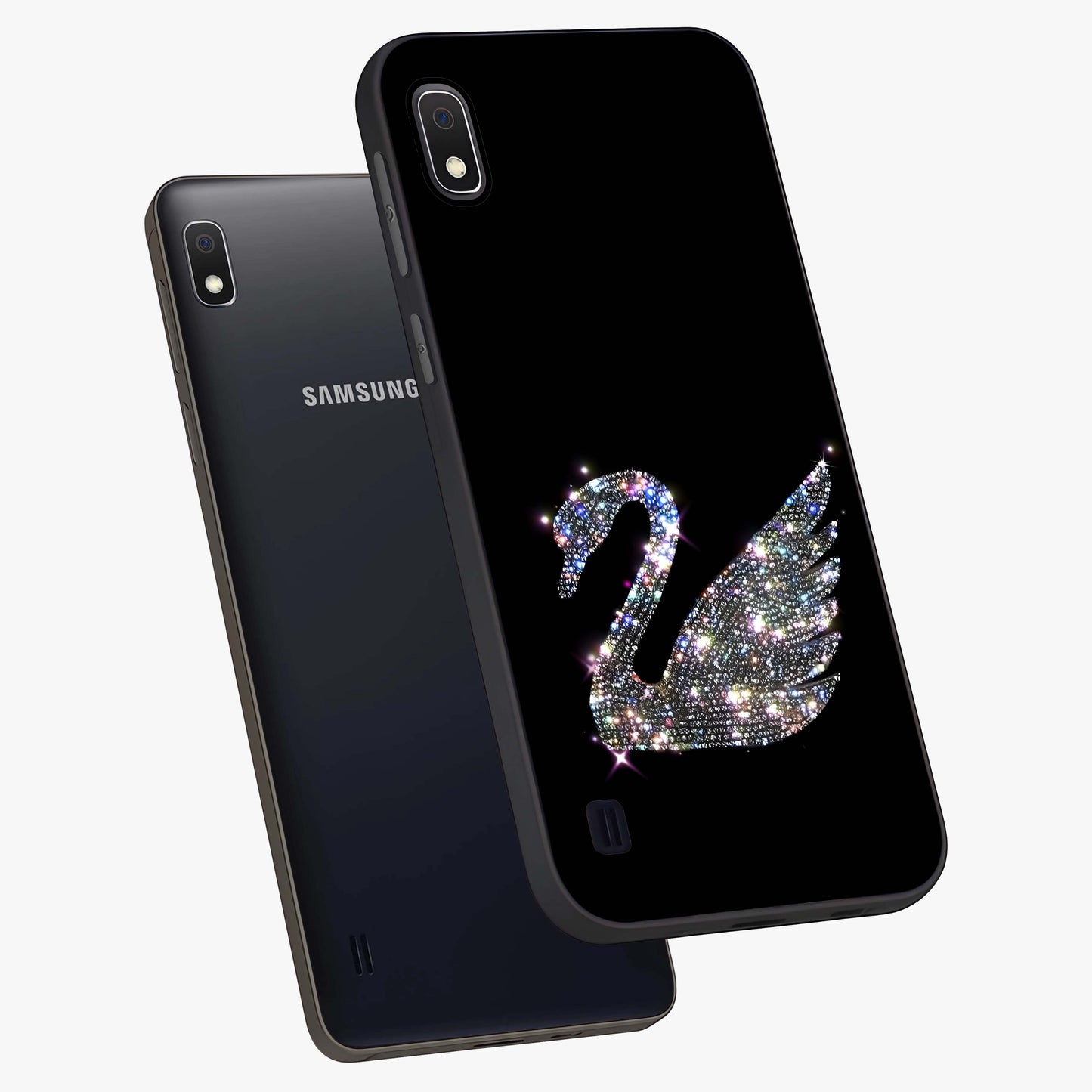 Starlit Swan Grace Glass Case displayed in angled mockup highlighting elegant swan illustration with dreamy celestial aesthetic.