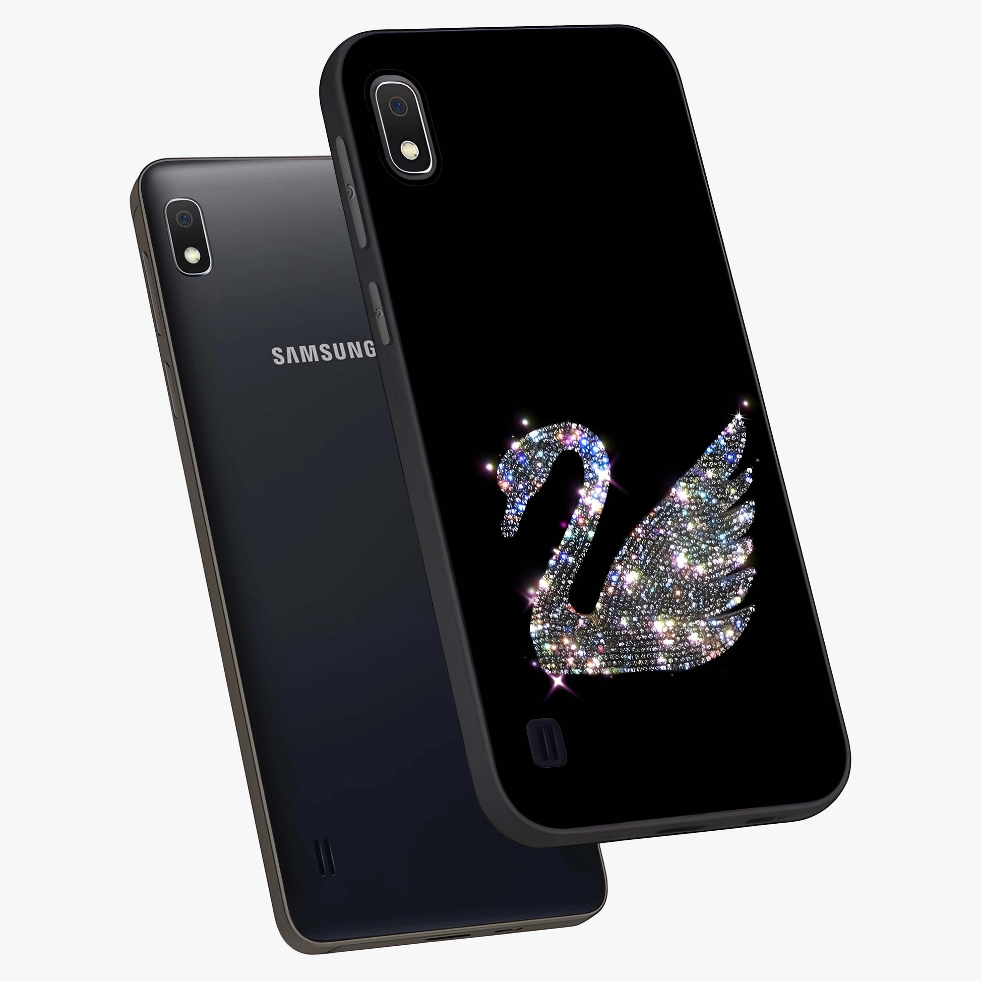 Starlit Swan Grace Glass Case displayed in angled mockup highlighting elegant swan illustration with dreamy celestial aesthetic.