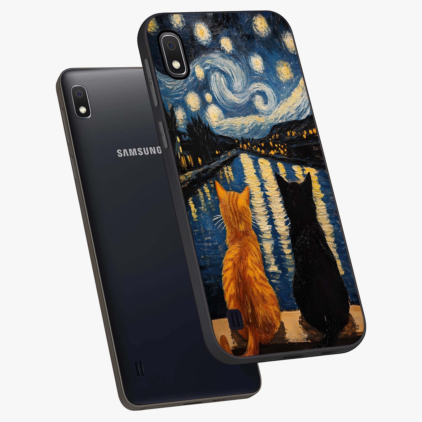 Starry River Cats Glass Case displayed in angled mockup highlighting charming feline illustration with dreamy night aesthetic.