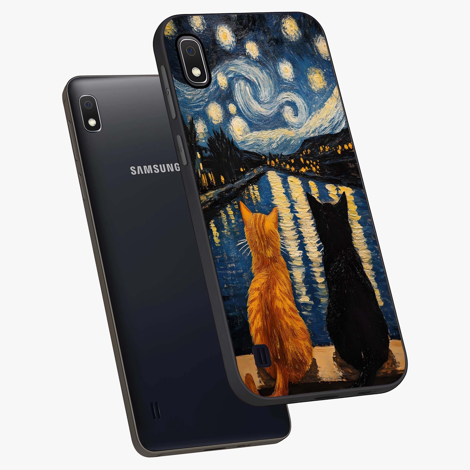 Starry River Cats Glass Case displayed in angled mockup highlighting charming feline illustration with dreamy night aesthetic.