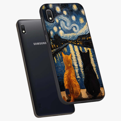 Starry River Cats Glass Case displayed in angled mockup highlighting charming feline illustration with dreamy night aesthetic.