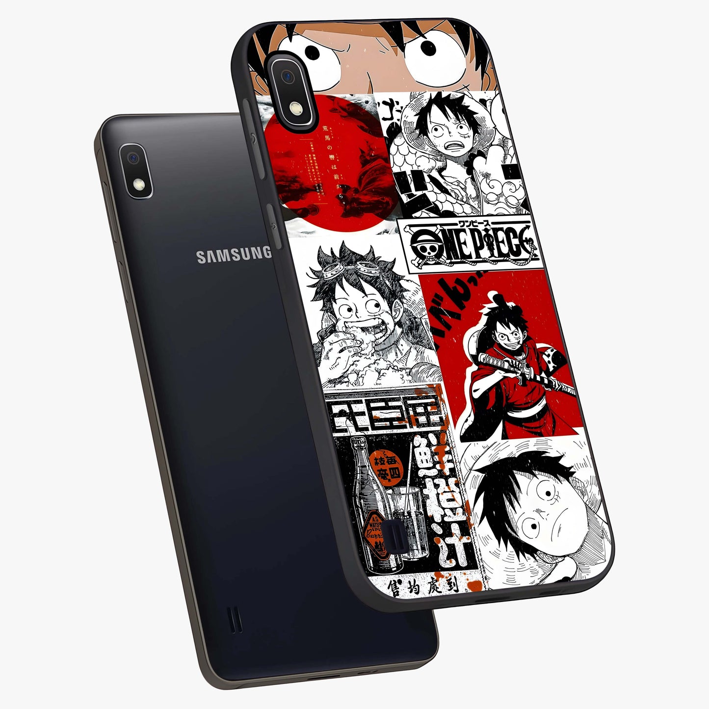 Strawhat Chaos Panels Glass Case displayed in angled mockup highlighting vibrant anime collage design with action aesthetic.