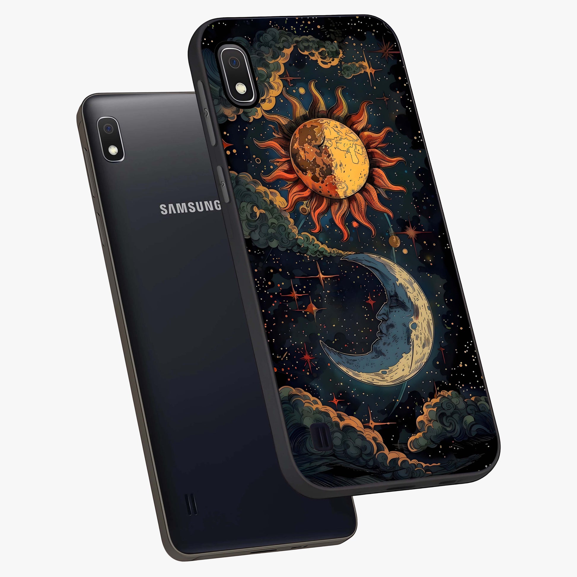 Sun And Moon Magic Design Glass Case displayed in angled mockup highlighting celestial design with magical cosmic aesthetic.