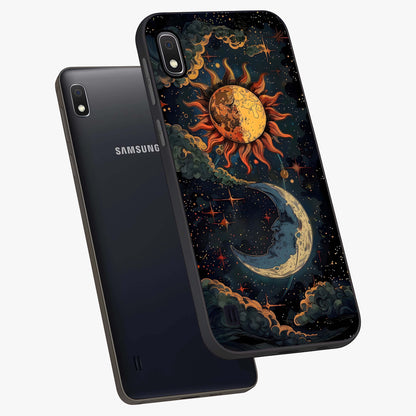 Sun And Moon Magic Design Glass Case displayed in angled mockup highlighting celestial design with magical cosmic aesthetic.