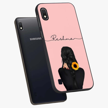 Sunflower Braid Beauty With Custom Name Glass Case displayed in angled mockup highlighting elegant sunflower design with custom name feature.