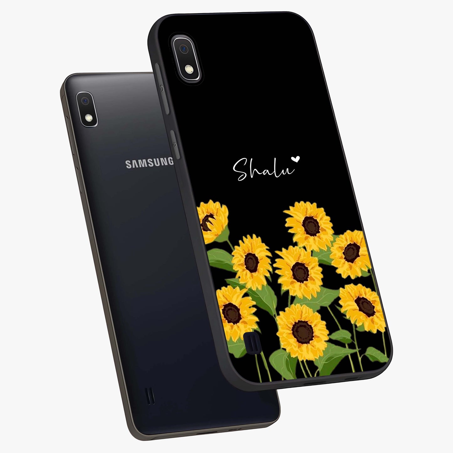 Sunflower Chic Mood Custom Name Glass Case displayed in angled mockup highlighting vibrant sunflower design with custom name feature.