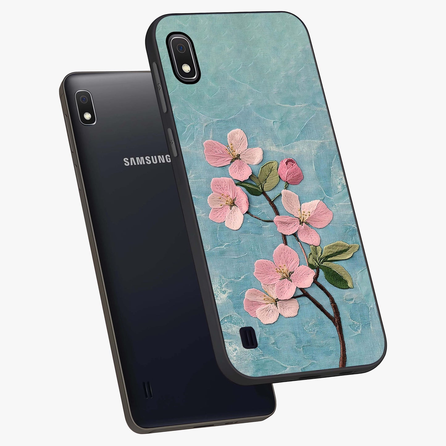 Threaded Blossom Breeze Glass Case displayed in angled mockup highlighting elegant floral design with soft aesthetic style.