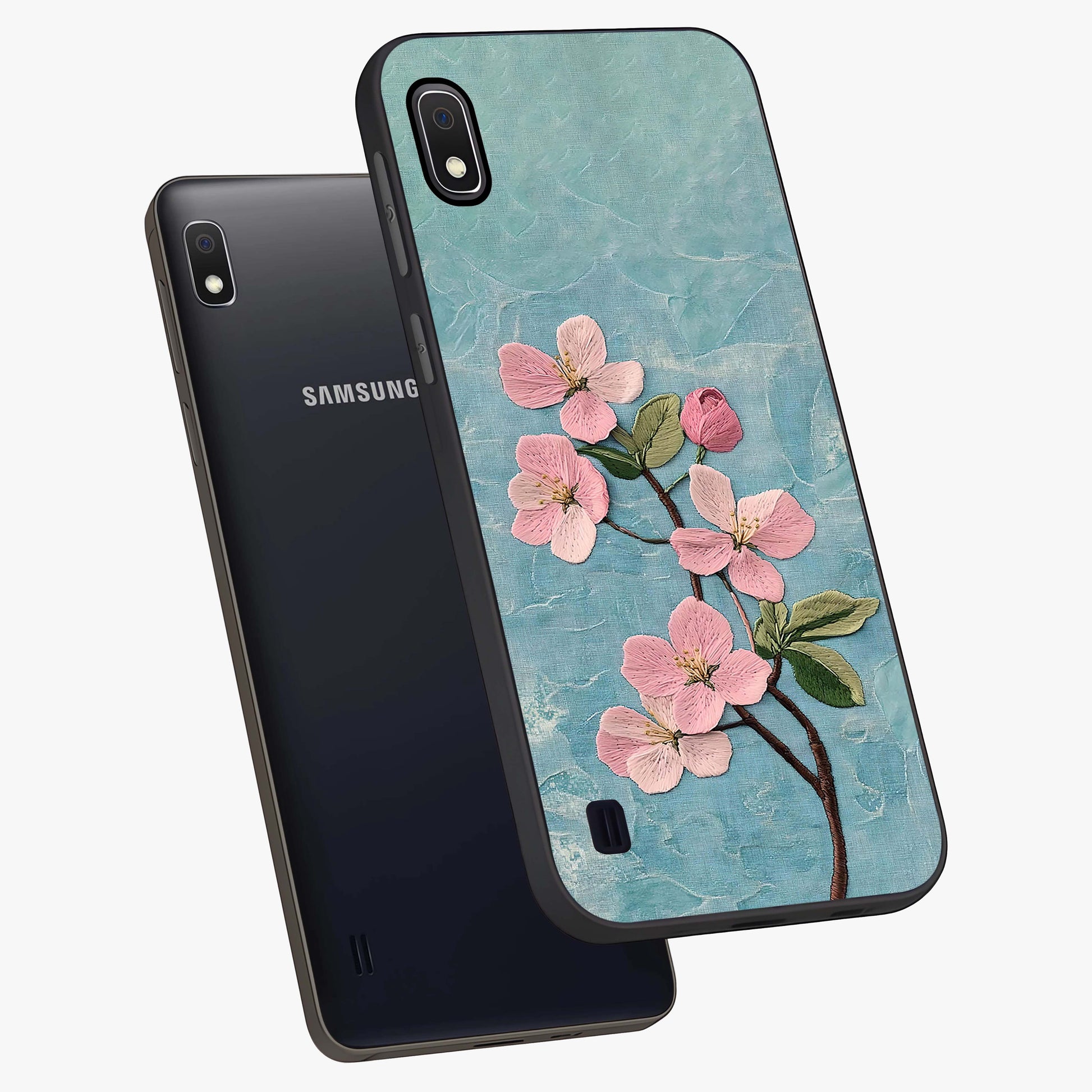 Threaded Blossom Breeze Glass Case displayed in angled mockup highlighting elegant floral design with soft aesthetic style.
