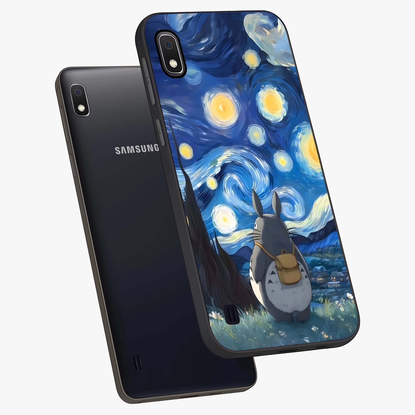 Totoro In Van Gogh Art Glass Case displayed in angled mockup highlighting artistic swirling sky design with playful animation aesthetic.