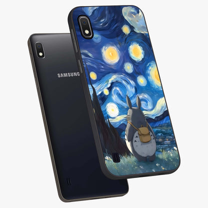 Totoro In Van Gogh Art Glass Case displayed in angled mockup highlighting artistic swirling sky design with playful animation aesthetic.