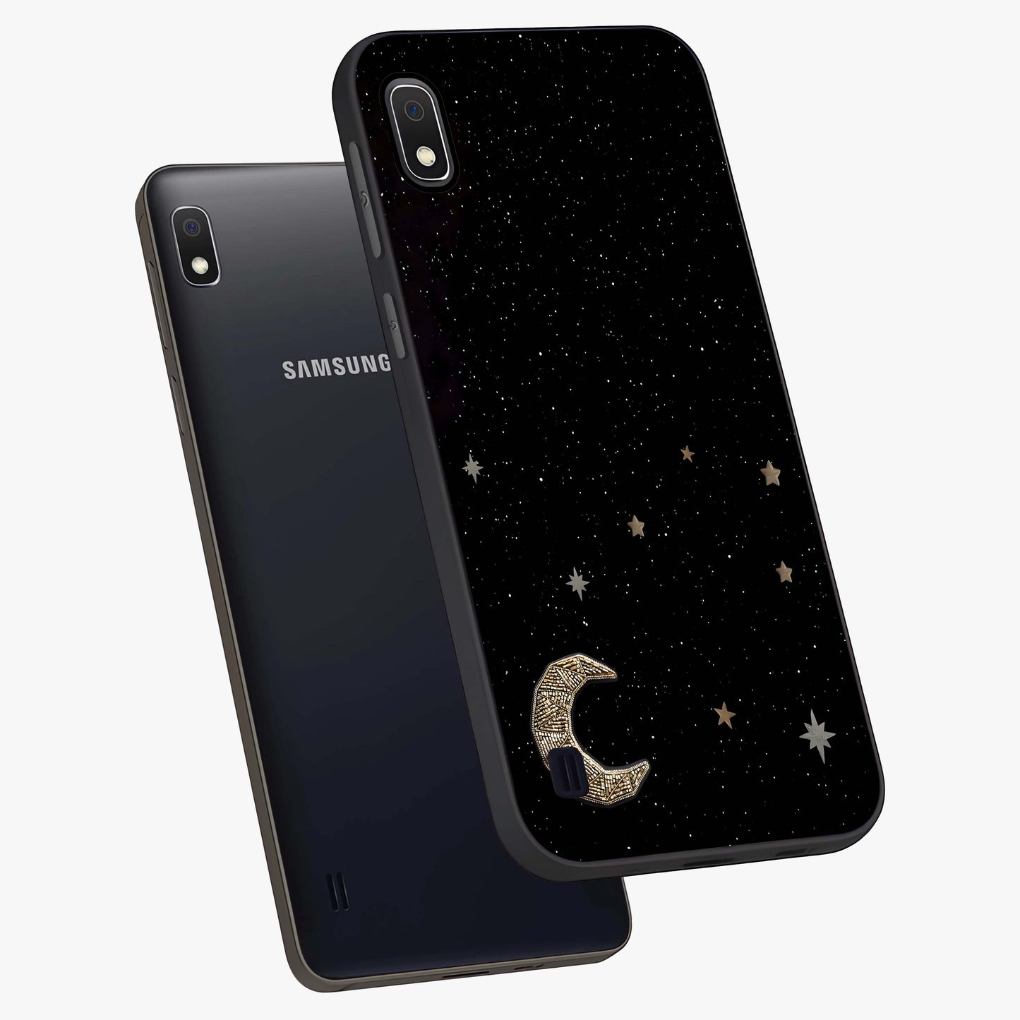 Twinkle Star With Half Moon Glass Case displayed in angled mockup highlighting celestial moon and star design with magical aesthetic.