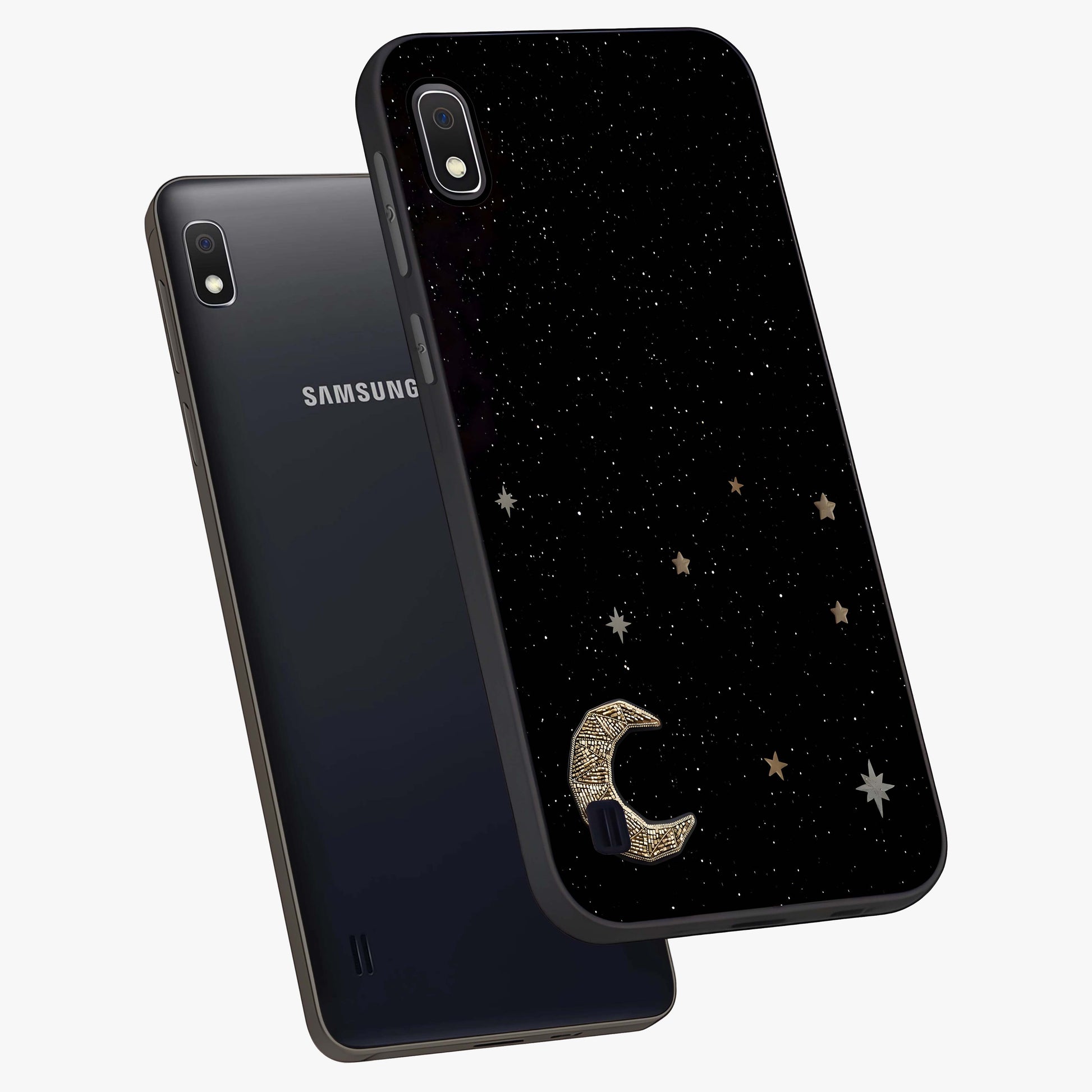 Twinkle Star With Half Moon Glass Case displayed in angled mockup highlighting celestial moon and star design with magical aesthetic.