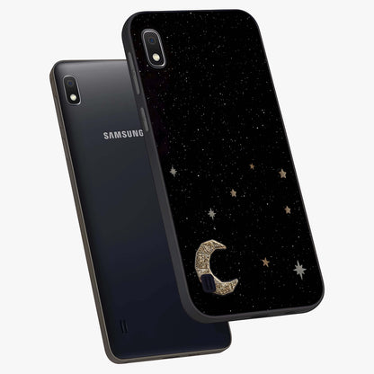 Twinkle Star With Half Moon Glass Case displayed in angled mockup highlighting celestial moon and star design with magical aesthetic.