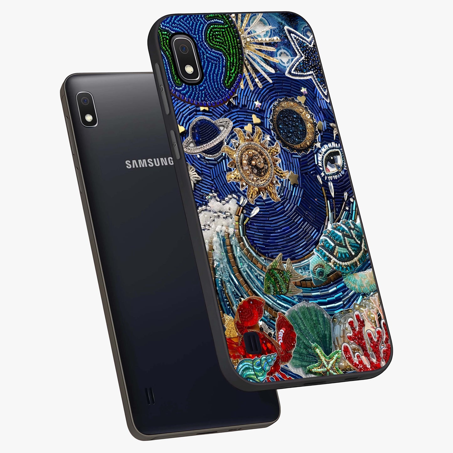 Universe Underwater Spark Glass Case displayed in angled mockup highlighting glowing aquatic design with celestial aesthetic.