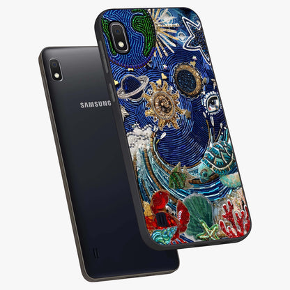 Universe Underwater Spark Glass Case displayed in angled mockup highlighting glowing aquatic design with celestial aesthetic.