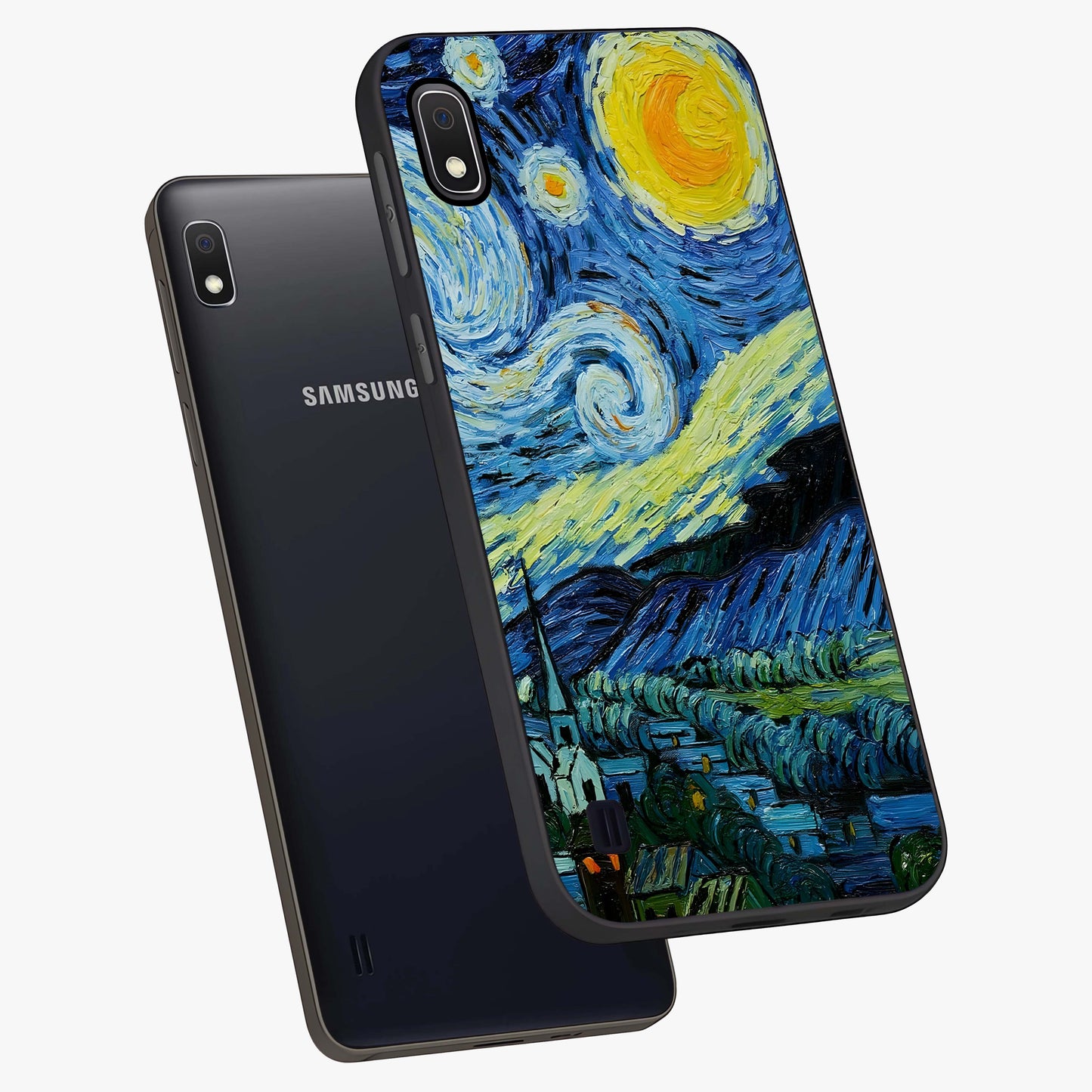 Van Gogh Art Glass Case displayed in angled mockup highlighting swirling brushstroke design with artistic aesthetic.