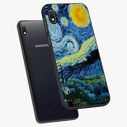 Van Gogh Art Glass Case displayed in angled mockup highlighting swirling brushstroke design with artistic aesthetic.