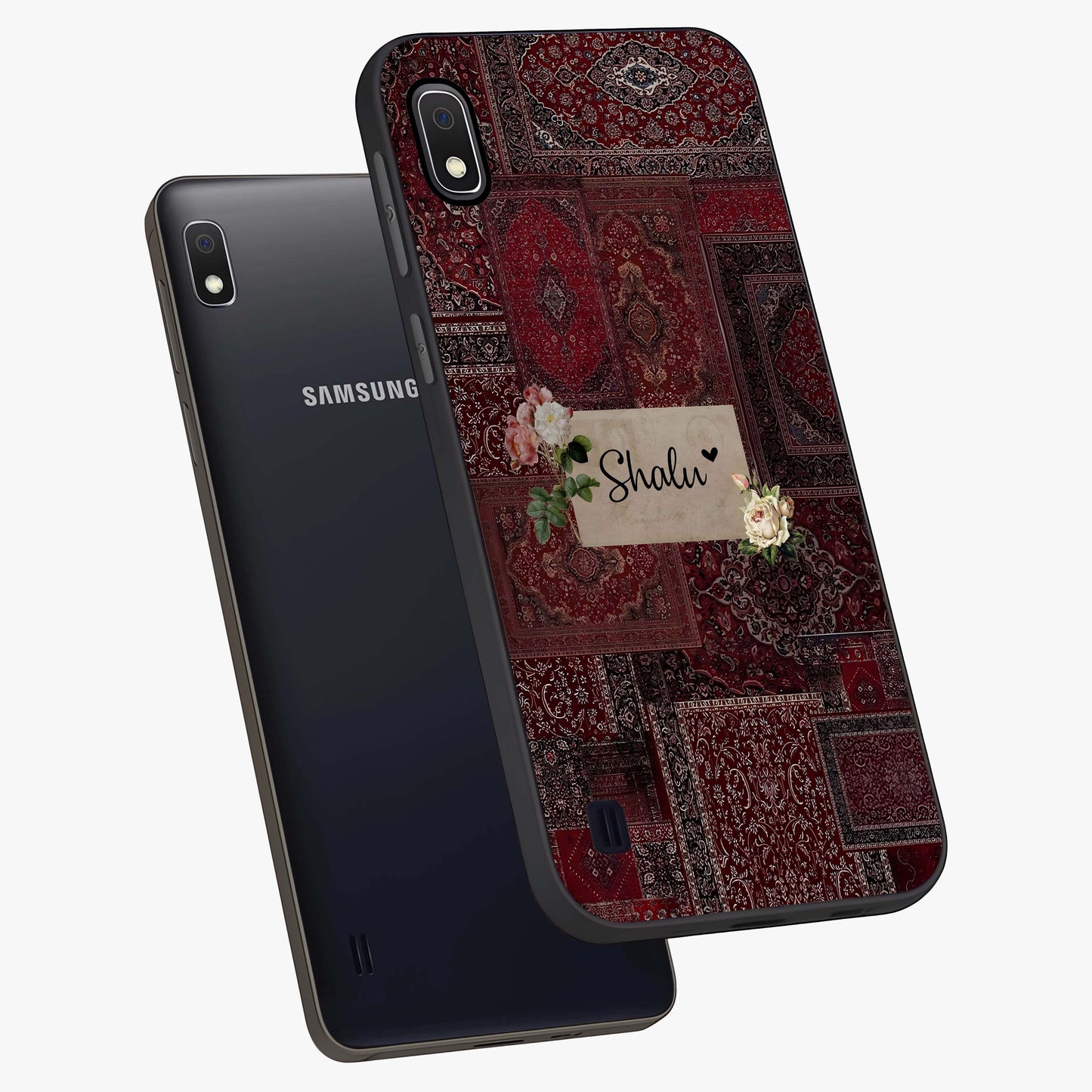 Velvet Wine Pattern Custom Name Glass Case displayed in angled mockup highlighting decorative velvet inspired design with custom name feature.