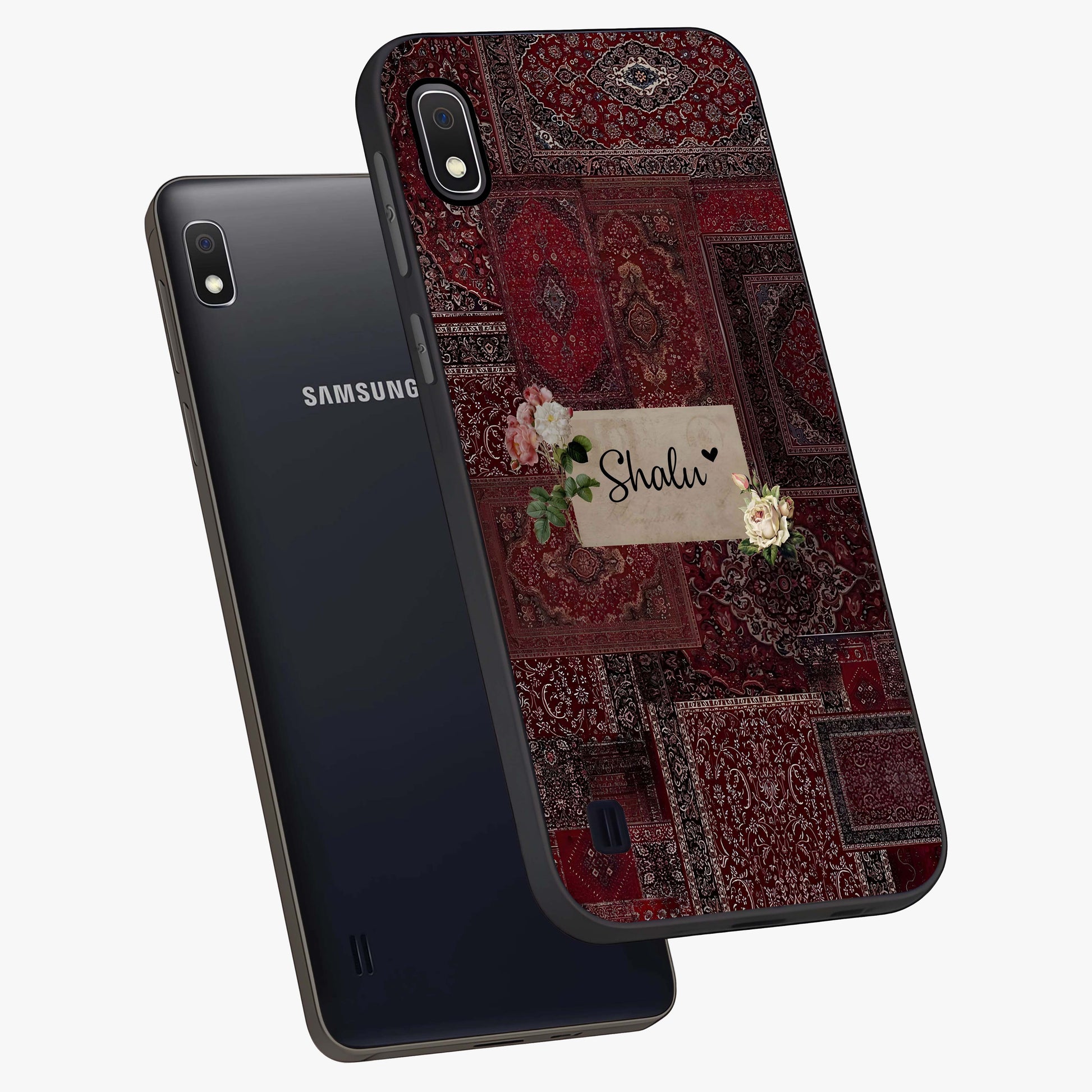 Velvet Wine Pattern Custom Name Glass Case displayed in angled mockup highlighting decorative velvet inspired design with custom name feature.