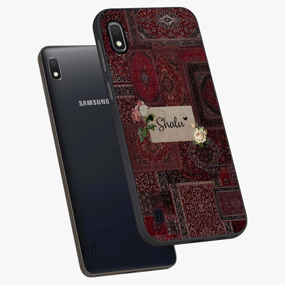 Velvet Wine Pattern Custom Name Glass Case displayed in angled mockup highlighting decorative velvet inspired design with custom name feature.