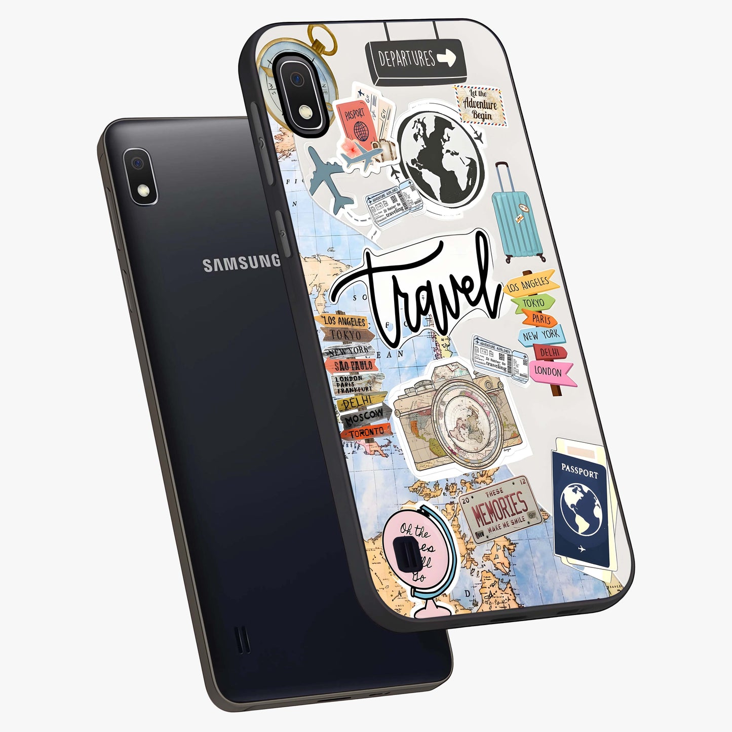 Wanderlust Journal Glass Case displayed in angled mockup highlighting adventure themed design with aesthetic travel vibe.