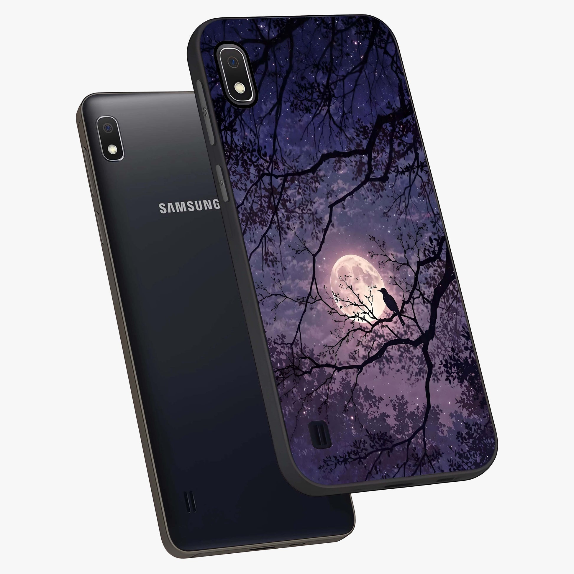 Whispering Moon Silence Glass Case displayed in angled mockup highlighting calm lunar design with dreamy night aesthetic.