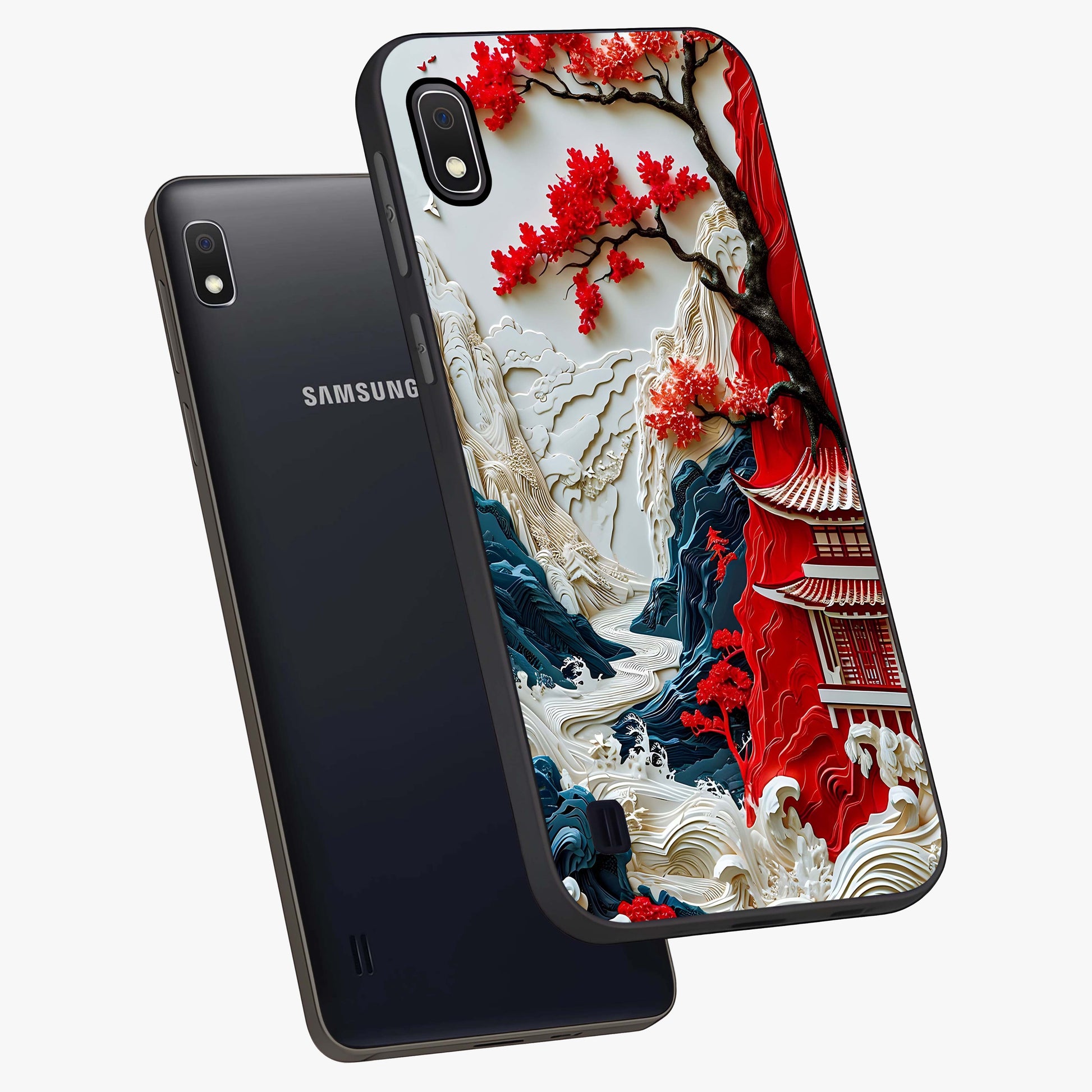 Whispers Of Sakura Waves Glass Case displayed in angled mockup highlighting flowing sakura design with soft floral aesthetic.