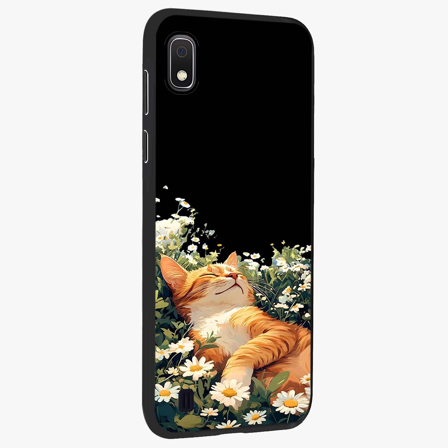 Blissful Bloom Cat Glass Case upright view showcasing charming cat design surrounded by blooming floral elements.