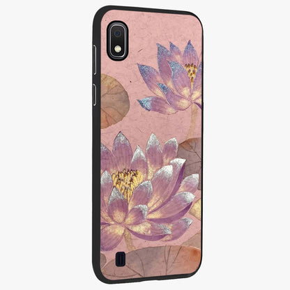 Blossom Mist Lotus Glass Case upright view showcasing graceful lotus flower design with peaceful botanical style.