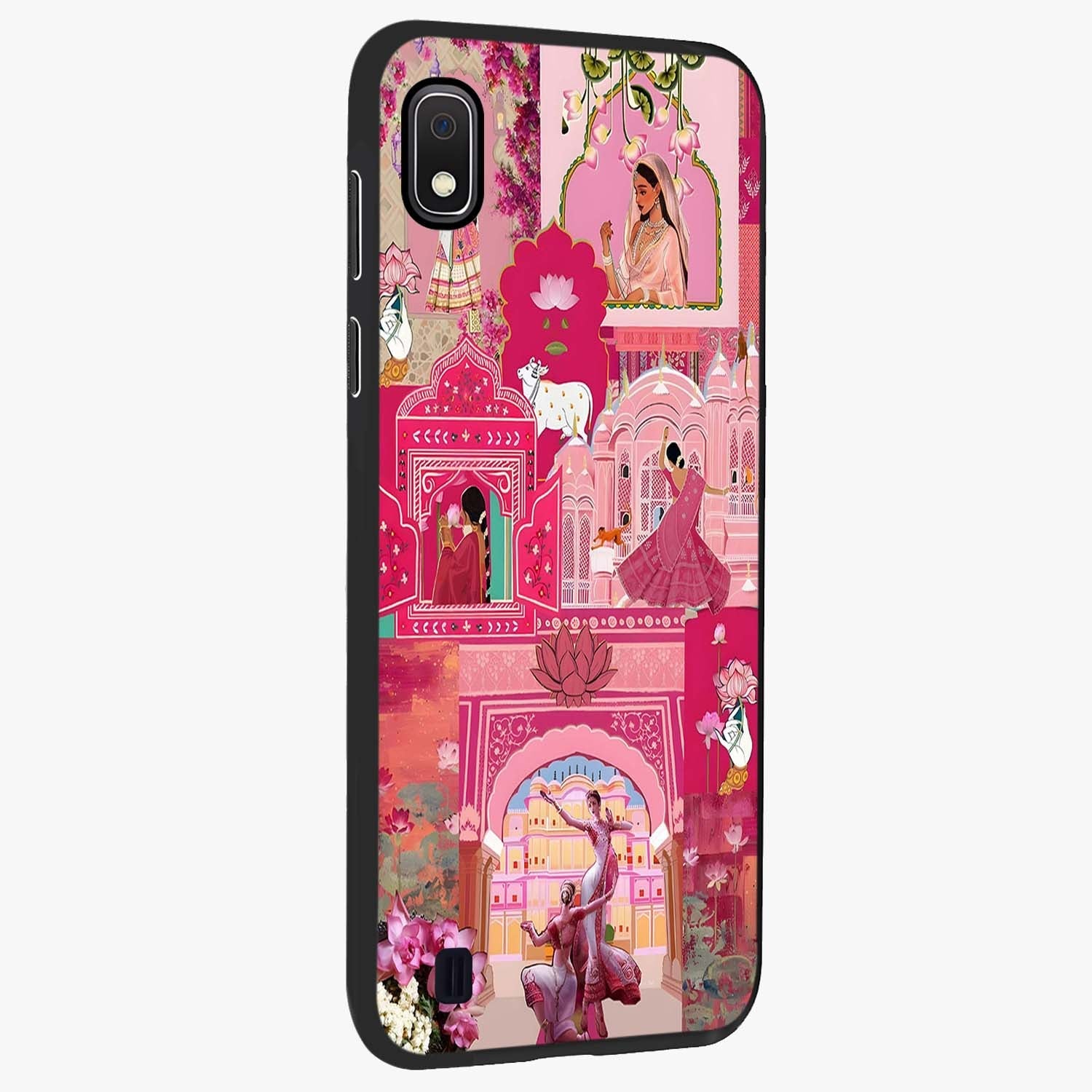 Blossoms of Rajasthan Glass Case upright view showcasing colorful floral design inspired by traditional Indian art.