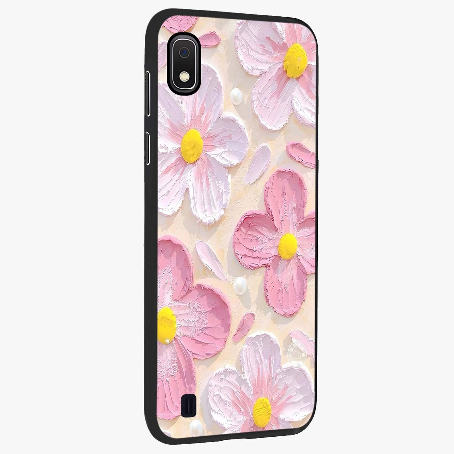 Blush Bloom Texture Glass Case upright view showcasing delicate blush floral texture with modern minimal style.