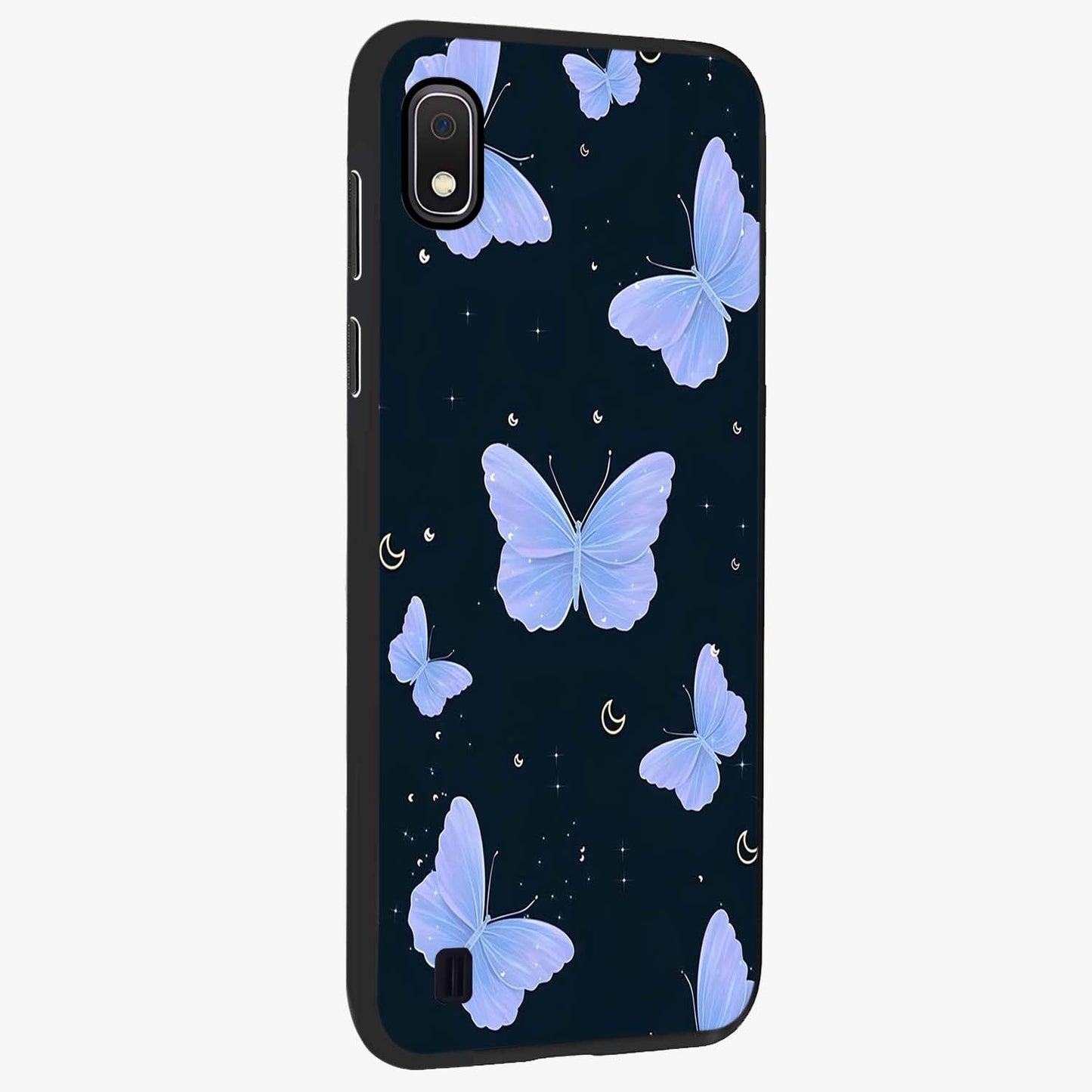 Butterfly With Stars Pattern Glass Case upright view showcasing celestial butterfly artwork with sparkling star elements.