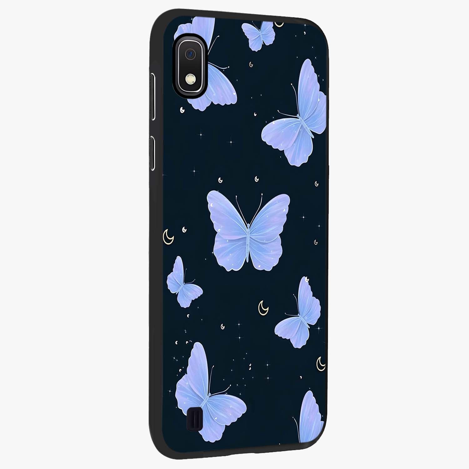 Butterfly With Stars Pattern Glass Case upright view showcasing celestial butterfly artwork with sparkling star elements.