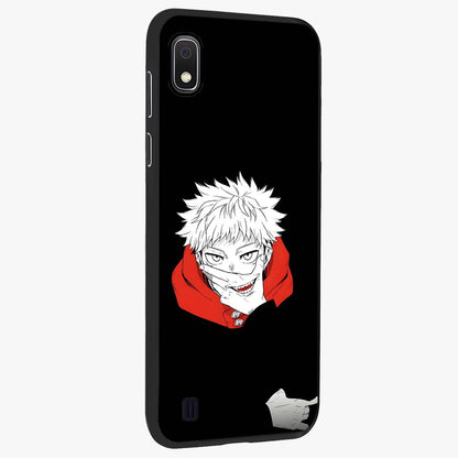 Crimson Chaos Smile Glass Case upright view showcasing expressive chaotic artwork with striking visual theme.