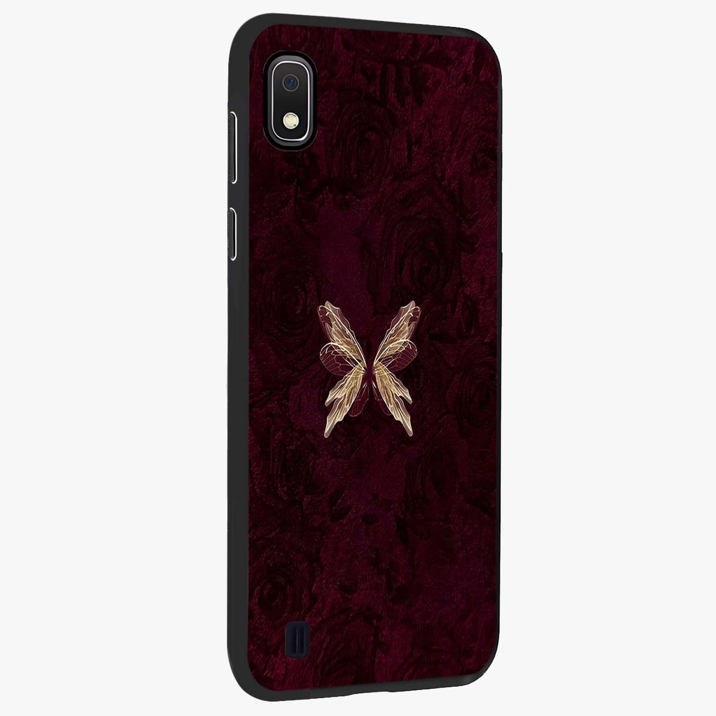 Crimson Fade Butterfly Glass Case upright view showcasing graceful butterfly artwork with soft crimson fade effect.