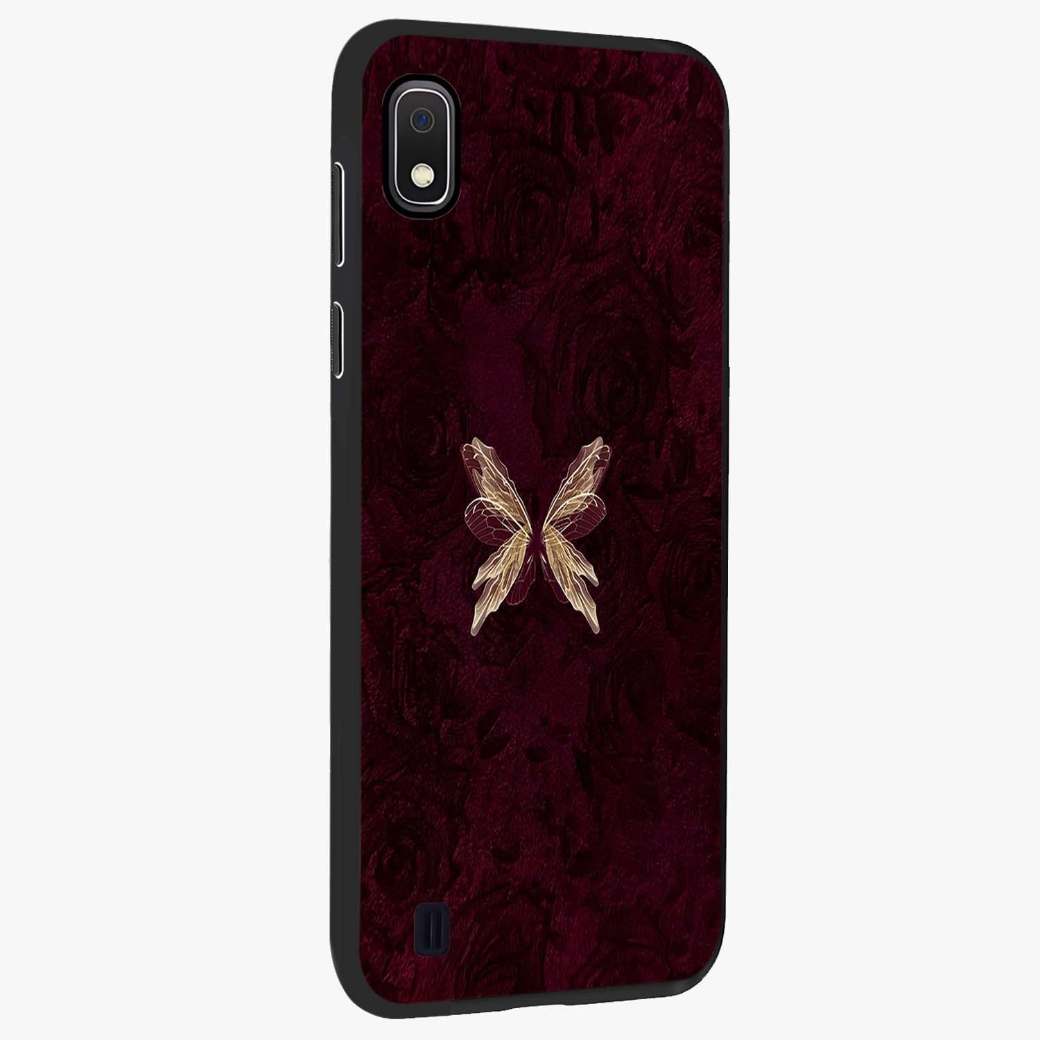 Crimson Fade Butterfly Glass Case upright view showcasing graceful butterfly artwork with soft crimson fade effect.