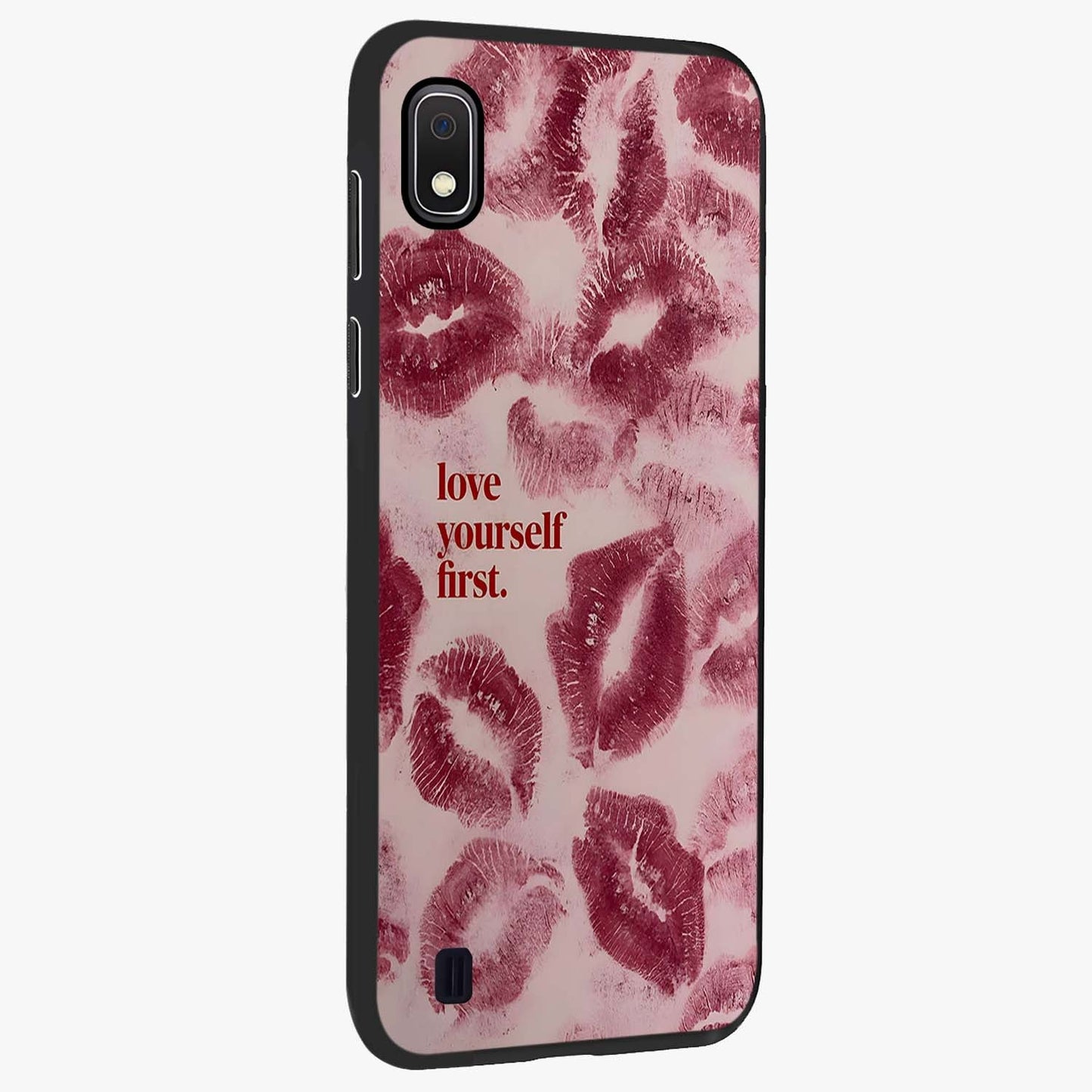 Crimson Kiss Love Glass Case upright view showcasing expressive romantic artwork with deep crimson theme.