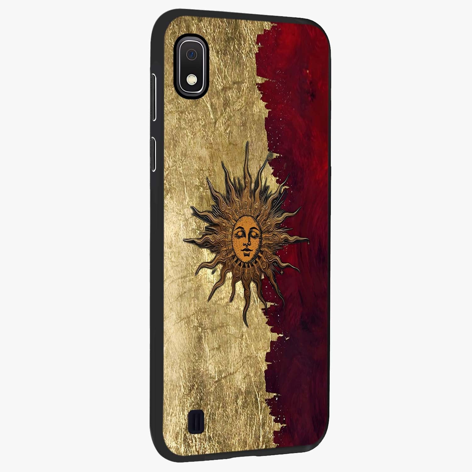 Crimson Sun Majesty Glass Case upright view showcasing vibrant sun artwork with powerful celestial theme.