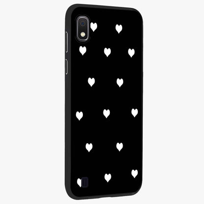 Cute And Simple White Hearts Glass Case upright view showcasing simple white hearts artwork with soft minimal theme.