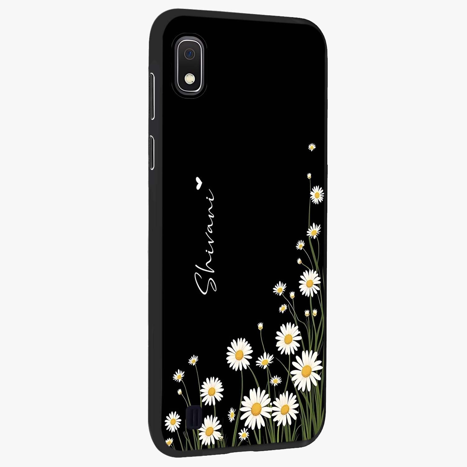 Daisy Cascade Custom Name Glass Case upright view showcasing elegant floral cascade design with personalized aesthetic.
