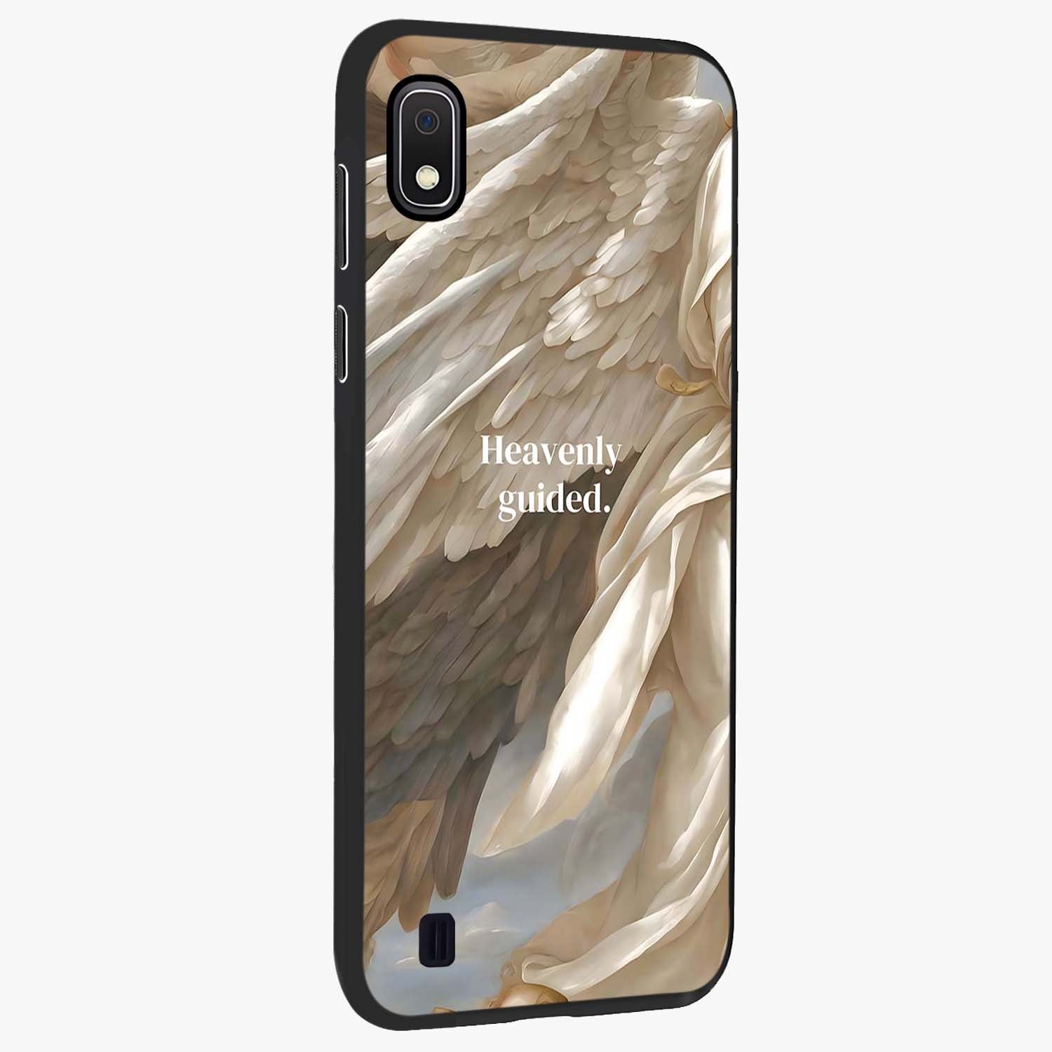 Divine Winged Grace Glass Case upright view showcasing spiritual wing artwork with soft celestial theme.