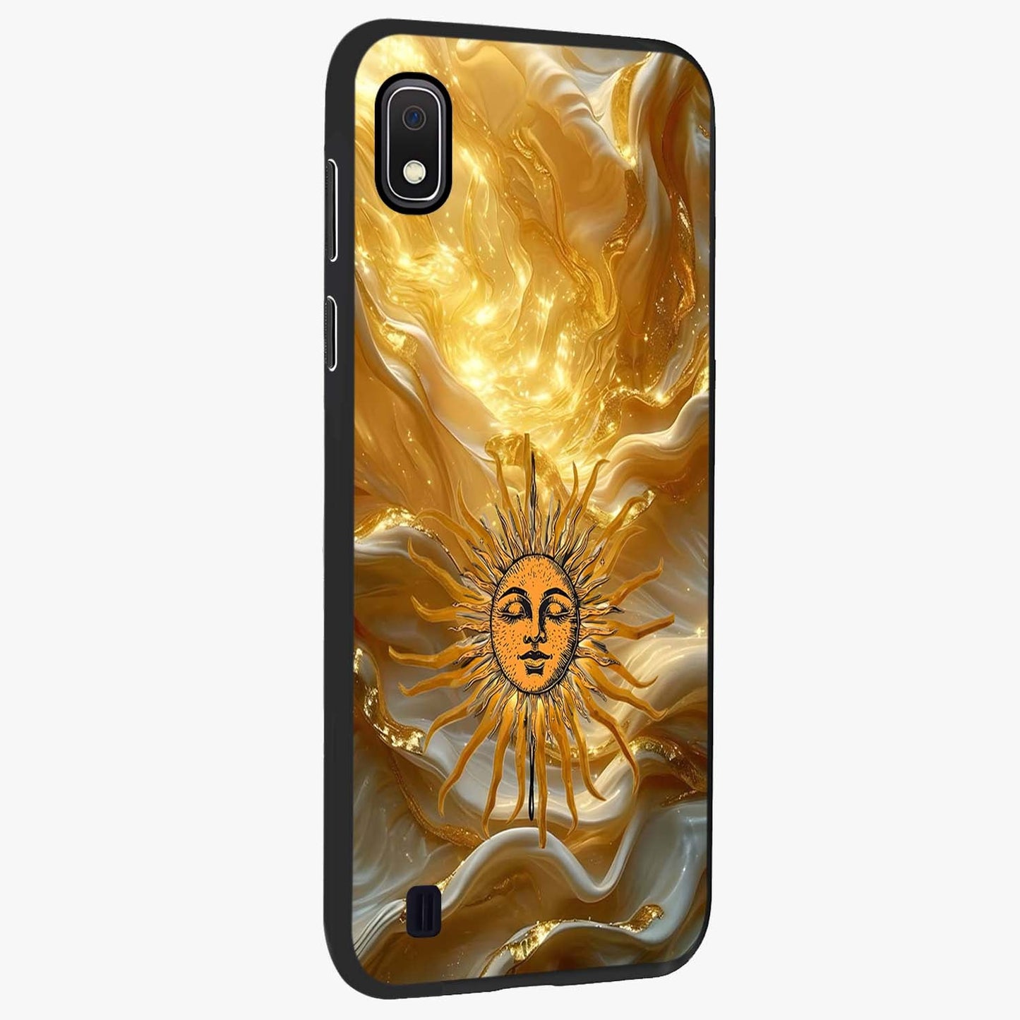 Eternal Golden Glow Glass Case upright view showcasing luminous golden artwork with luxurious visual theme.